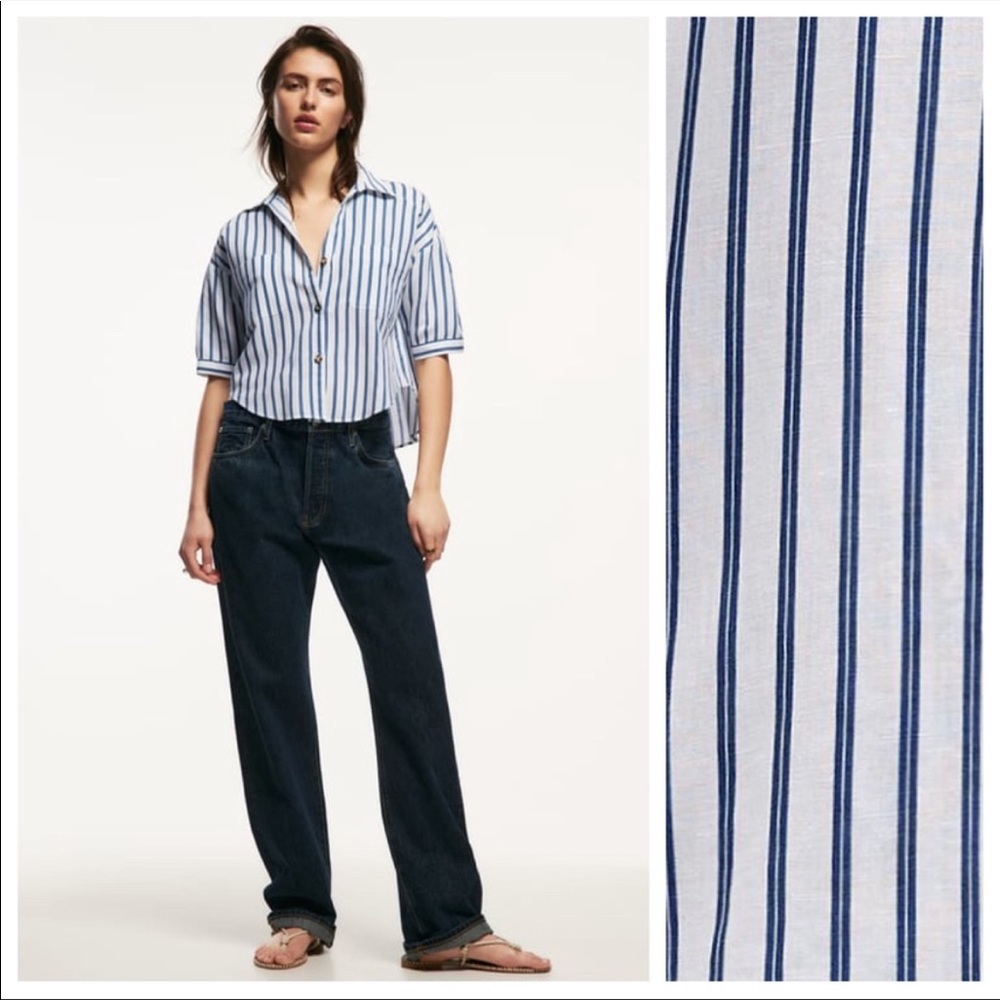 Zara Blue & White Striped Linen Blend Crop Button Shirt S